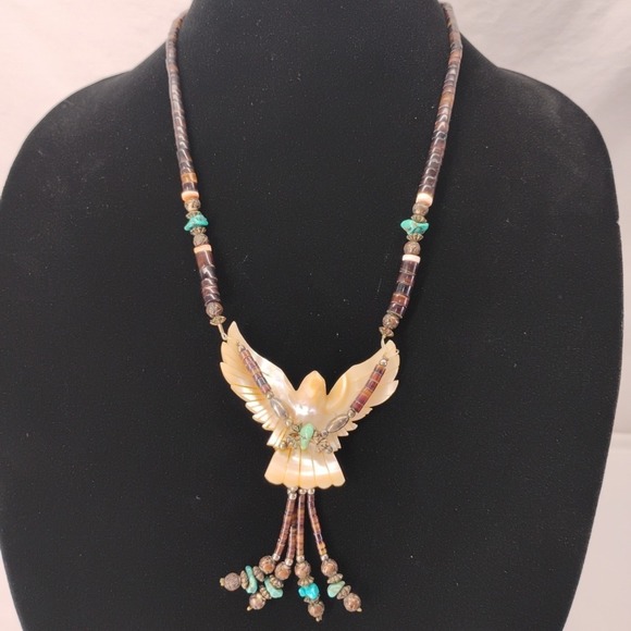 Native American Jewelry - Native American Southwest Hand Carved Mother Of Pearl Eagle Turquoise Necklace